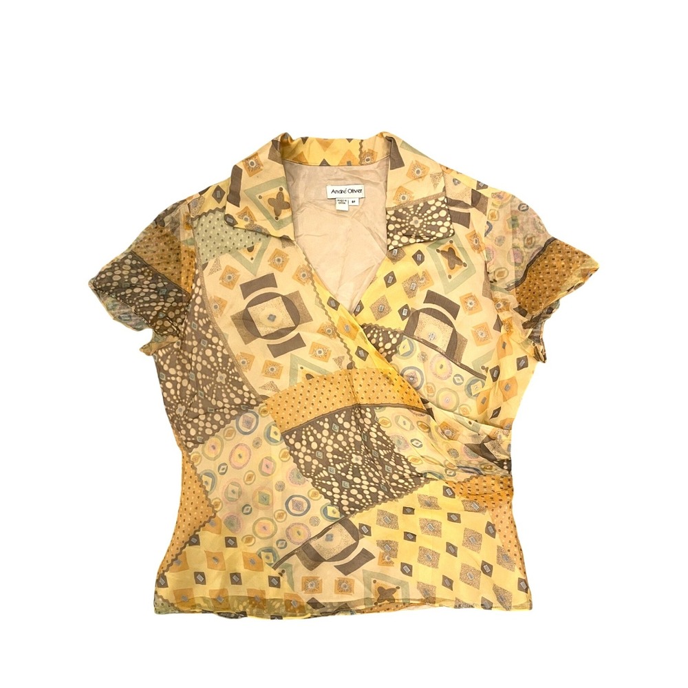 Vintage Silk Wrap Blouse Geometric Patchwork Print 100% Size 8P by Andre Oliver